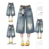 Pantalones capri de mezclilla con estampado de carpa y arco para mujer, verano, calle, cintura alta, holgados, rectos, pierna ancha, longitud media