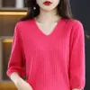 Estilo Nuevo Primavera y Verano Algodón Puro Tejido Cuello en V Canalé Manga Corta Moda Versátil Camiseta Básica Top de Manga Media para Mujer