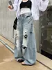 Nuevo Estilo de Verano del Louvre Estilo Callejero Retro Americano Jeans Lavados Rasgados Resistentes Pantalones Largos de Pierna Ancha para Mujer