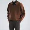 Suéter retrô de gola para outono e inverno, estilo coreano, para homens, gola V grossa, caimento relaxado, malha casual de manga comprida para usar como base