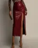 Falda larga elegante de estilo europeo y americano, color liso, costuras de piel sintética PU, cintura alta, ajustada, abertura en la cadera, cremallera larga