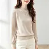 Camiseta base de color liso con cuello semi-alto y mangas tipo farol, de lujo ligero y elegante, estiliza y es versátil para otoño e invierno, suéter casual de punto acanalado de manga larga