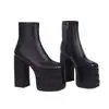 Tamanho 35-46 Botas Martin Femininas Outono e Inverno Europeias e Americanas em Couro Envernizado com Bico Redondo, Plataforma Impermeável, Salto Quadrado, Zíper Lateral, Botas Pretas de Cano Curto