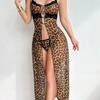 Nuevo Estilo Europeo y Americano Lencería Sexy de Encaje con Tirantes y Estampado de Leopardo de Abertura Alta Falda Larga Vestido Encantador y Sexy
