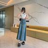 Falda de Mezclilla Estilo Hong Kong para Mujer, Talla Grande, Diseño de Empalme de Orilla Cruda Lavada, Línea A Cubre Vientre, Aspecto Adelgazante Cubre Glúteos Falda Larga