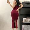 Verão 2023 novo sexy quadril fenda menina gostosa vestido de um passo vestido cor sólida vestido base atacado