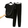 Nuevo conjunto de verano fino de modal con manga corta y pantalón largo para mujer, ropa de casa, color liso, estilo simple, se puede usar para salir, conjunto de dos piezas