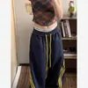 Calça Jogger Casual Listrada Estilo Americano Plus Size 150kg para Mulheres, Primavera e Verão Fina de Cintura Alta Solta Emagrecimento Versátil de Perna Larga