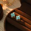 Nuevos Pendientes de Clip con Diseño de Trébol de Cuatro Hojas Azul Turquesa Microincrustado, Moda Vintage, Pendientes Elegantes y de Alta Gama, Accesorios para Orejas de Diseño de Nicho