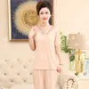Pijama de Verão da Mãe de Yu Zhaolin, Conjunto de Roupa para Casa de Manga Curta em Seda Gelada de Tamanho Grande para Meia-Idade e Idosos, Confortável e Amigo da Pele