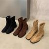Botines de Tacón Alto Botas de Moda de Gamuza para Mujer 2025 Nuevo Otoño e Invierno Estilo Británico Punta Cuadrada Tacón Grueso Botines Cortos Finos para Mujer
