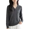 Suéter de punto estilo francés con cuello en V, cintas y pedrería para mujer, tejido fino, ligero, elegante, rejuvenecedor, capa base versátil