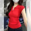 Camiseta amarilla dopamina con cuello de polo y manga corta, top de punto fino de seda helada para verano, suéter ajustado de manga corta para mujer