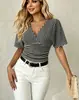 Blusa Wrap Feminina Estilo Europeu e Americano com Listras, Top Curto, Decote V, Manga Curta, Cintura Franzida, Slim Fit, Emagrecimento