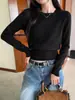 Suéter de tricô de gola redonda liso de manga comprida estilo coreano para mulheres, camisa base Andy de veludo justa para outono e inverno, top casual versátil