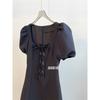 Vestido Negro Pequeño Estilo Hepburn Productos Europeos Pequeño Retro Cubre Vientre Reductor de Edad Estilo Dama Vestido de Cuello Cuadrado para Mujer Verano