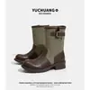 Novas botas Martin estilo retrô britânico 2026, botinhas femininas, botas de cano médio com retalhos de couro genuíno, salto grosso, solado grosso, botas de montaria