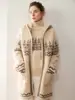 Conjunto de punto de cachemira de dos piezas para mujer, jacquard Fair Isle, cuello alto, manga raglán, chaqueta con capucha de longitud media, top