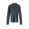 Suéter sin costuras 100% lana merino fina, lavable a máquina, con cuello semi-alto, corte ajustado, manga larga, camiseta base de punto para mujer