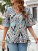Amazon Transfronterizo Verano 2025 Nuevo Camiseta Estampada de Mujer Europea y Americana Cuello en V Casual Manga de Cuerno Top