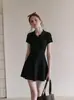 Impresionante vestido tipo camiseta de manga corta con cuello polo negro para mujer, para verano, entallado en la cintura, adelgazante, elegante y lindo