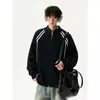 Cardigan Suéter de Tricô com Listras Americanas Masculino Solto Tendência Marca Primavera Outono Estilo Preguiçoso Casal Casual Versátil Jaqueta com Gola Alta