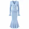 Elegante Vestido de Punto con Cuello en V para Socialité, Vestido Sexy Calado con Diseño Falso de Dos Piezas, Falda de Punto Estilo Cola de Pez