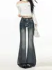 Jeans de Moda de Cintura Alta Micro-Campana para Mujer, Nuevo Estilo Otoño, Remaches Bordados Americanos, Pantalones Rectos Ajustados con Campana Adelgazantes