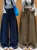 Pantalones anchos de tiro alto color azul marino estilo coreano para mujer, nueva colección otoño 2026, diseño simple con cordón, corte holgado, efecto adelgazante, casual, estilo de pierna curva