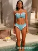 Conjunto de Biquíni Duas Peças Feminino Estilo Férias na Praia de Verão Estampa Geométrica Cor Contrastante Renda Cadarço Busto Franzido