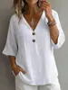 2026 Amazon Transfronterizo Europeo y Americano Primavera/Verano Algodón y Lino Francés Cuello en V Botones Decorados Manga Tres Cuartos Holgado Top Camiseta para Mujer