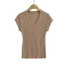 Verano 2026 Nuevo Estilo Americano Chica Picante Color Sólido Ajustado Corto Top de Punto Camiseta de Manga Corta Hueca con Cuello en U para Mujer