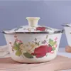 Recipiente de grasa de esmalte engrosado con tapa, recipiente de grasa resistente al calor, bol para mezclar y bol para masa, esmalte antiguo, recipiente nostálgico para macetas de medicina