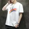 Marca de Moda Wukong Goods Estilo Hong Kong Estampado Arcoíris Manga Corta para Hombre Hip-hop Street Holgado Ins Versátil Camiseta Superior de Pareja