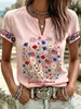 Top estampado de manga corta con cuello en V transfronterizo 2026 nuevo estilo de verano europeo y americano, imitación lino, holgado, casual, disponible para dropshipping