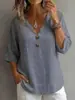 2026 Amazon Transfronterizo Europeo y Americano Primavera/Verano Algodón y Lino Francés Cuello en V Botones Decorados Manga Tres Cuartos Holgado Top Camiseta para Mujer