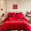 Conjunto de quatro peças para casamento, 100% algodão, vermelho vivo, para camas de noivos, incluindo lençóis e fronhas de edredom, alta qualidade, algodão puro, perfeito para o quarto de recém-casados