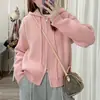 Suéter com capuz e cordão de cor sólida, estilo coreano, outono e inverno, novo, simples, feminino, estilo preguiçoso, macio, tipo glutinoso, casaco cardigã de tricô com zíper