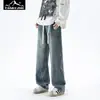 Calça Jeans Masculina Primavera e Outono Corte Reto Solto Cintura Elástica Marca Americana Tendência Retro Japonês Casual Perna Larga Caimento Longo
