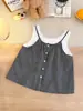 6242 # Camisa boneca xadrez com detalhe de renda estilo coreano chique, falsa peça dupla, para mulheres, solta e casual, top versátil de verão