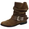 Botas Apiladas con Hebilla Retro Estilo Coreano para Mujer 2026 Otoño/Invierno Nuevas de Gamuza Tacón Grueso Botas de Caballero Plisadas Botas de Motocicleta para Mujer
