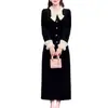 Estilo Herencia Francesa Patchwork Bloque de Color Botón de Lazo Manga de Farol Vestido para Mujer Otoño Invierno Transfronterizo Recto Falda Larga