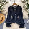 Blusa de gasa con volantes y mangas acampanadas estilo corte francés para mujer, estilo ligero y maduro de verano, entallada a la cintura con lazo, top elegante