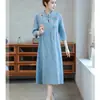 Verano 2024 Nueva ropa para mujer de talla grande chica rellenita algodón y lino estilo étnico bordado vestido de longitud media ropa de té mejorada