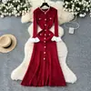 Vestido de Tricô com Gola Redonda, Manga Flare, Fechamento em Botão Único, Ajuste na Cintura, Color Block Estilo Francês para Mulheres, Vestido Suéter Slim de Outono
