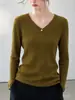 Blusa de tricô com gola V de lã de ovelha, cor sólida, manga longa, para mulheres, outono e inverno, seda de amoreira, elegante, quente, camada base