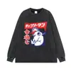 Camiseta curta de manga curta lavada preta desgastada de marca da moda estampa de personagem de anime peso pesado estilo de rua bidimensional importado