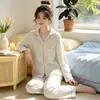 Cardigan de pijama feminino de alto valor, com laço doce de menina suave, tecido enrugado coreano ins, manga longa, atacado