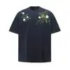 Camiseta de Manga Corta de Algodón Puro Pesado Estilo Americano para Hombres y Mujeres con Bordado de Letras y Diseño Floral, Nueva Tendencia de Verano Casual de Calle