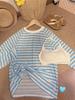Tejido de punto fino a rayas de color contrastante para mujer en verano, estilo holgado y relajado, cubrepiernas con protección solar contra mosquitos, top de manga larga de Tencel